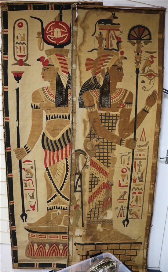 Two pairs of 1920s Egyptian figural appliques wall hangings 190cm x 65cm each